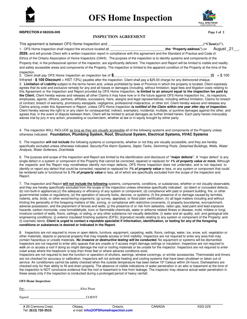 Home Inspection Agreement — page 1 of 2