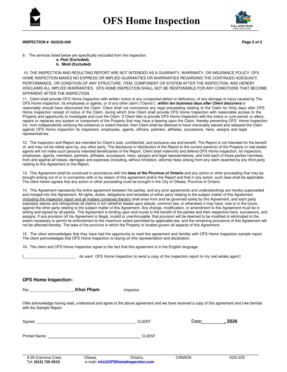Home Inspection Agreement — page 2 of 2